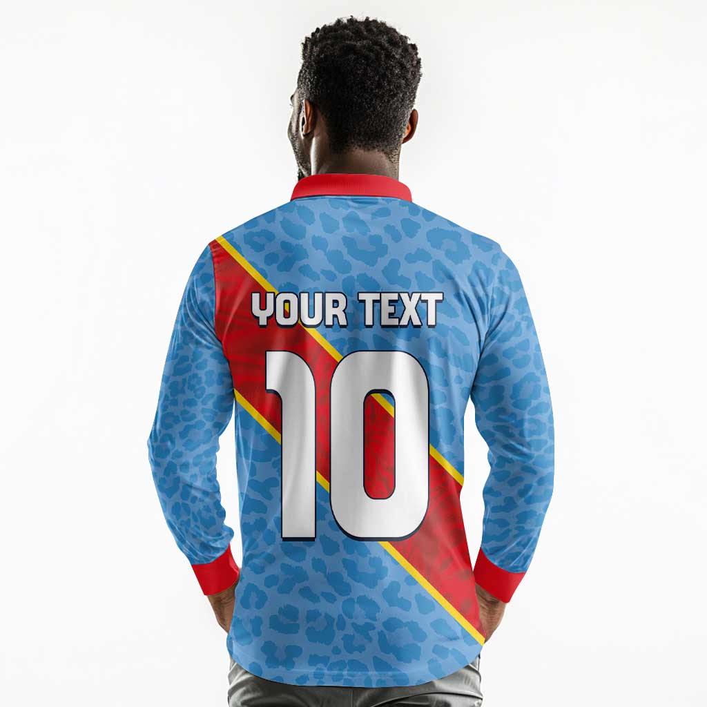 Custom DR Congo National Football Long Sleeve Polo Shirt Leopards Go Glory - African Pride