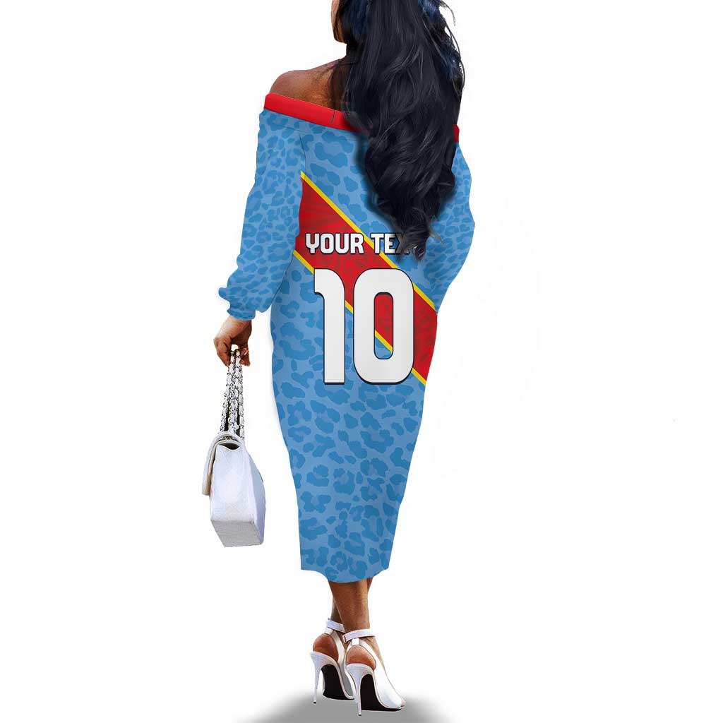 Custom DR Congo National Football Off The Shoulder Long Sleeve Dress Leopards Go Glory - African Pride