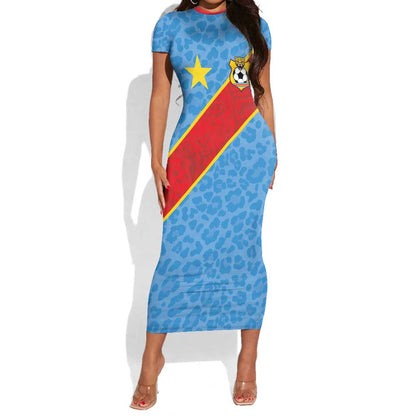 Custom DR Congo National Football Short Sleeve Bodycon Dress Leopards Go Glory LT03