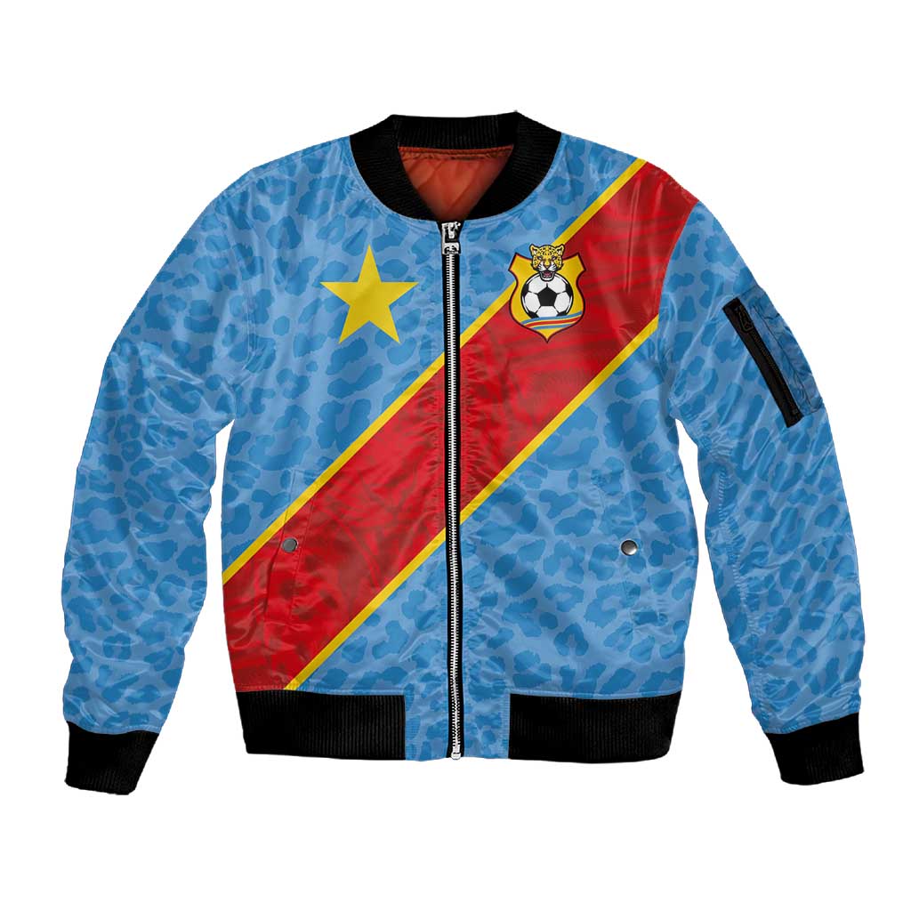 Custom DR Congo National Football Sleeve Zip Bomber Jacket Leopards Go Glory - African Pride