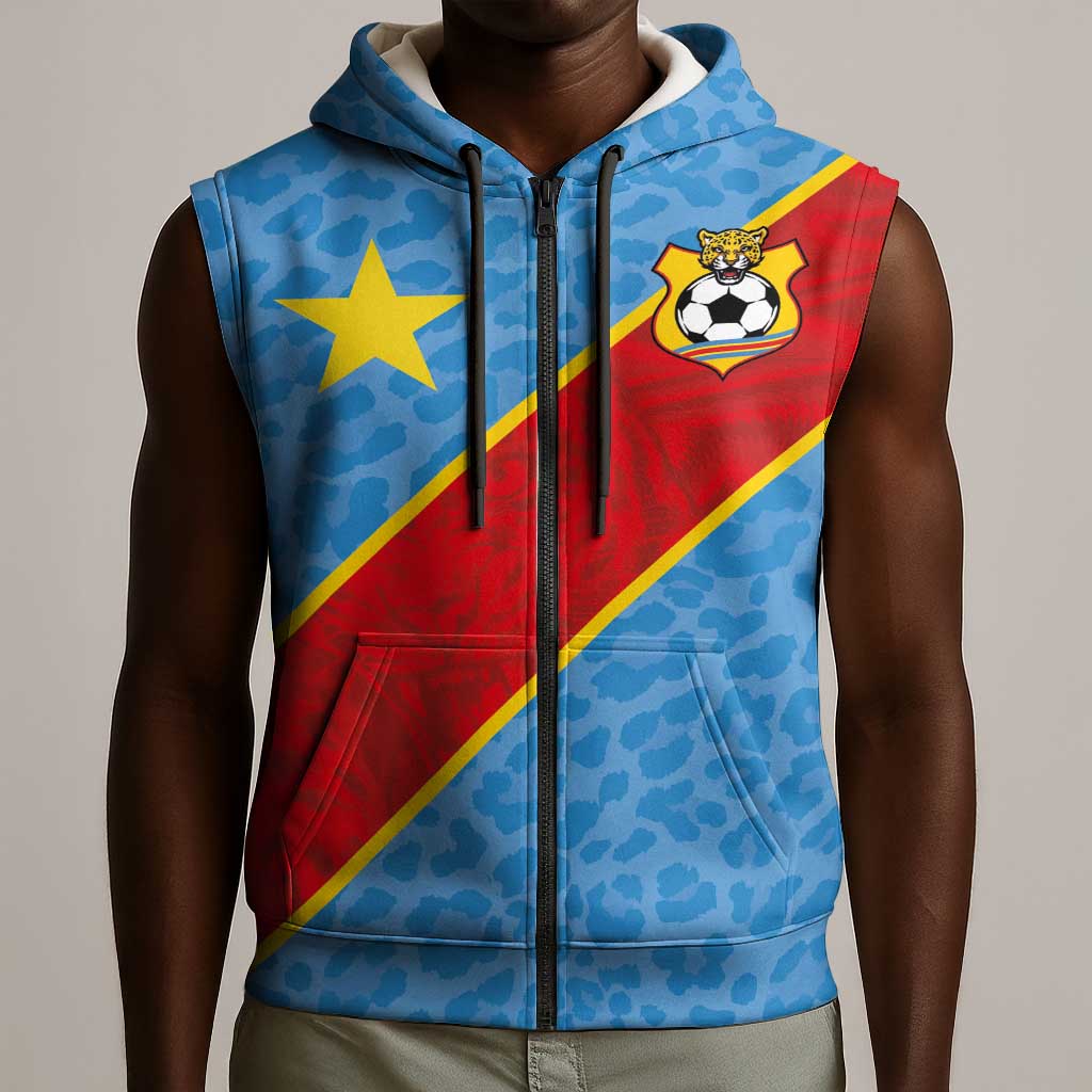 Custom DR Congo National Football Sleeveless Zip Hoodie Leopards Go Glory - African Pride