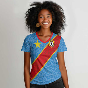 Custom DR Congo National Football Women V-Neck T-Shirt Leopards Go Glory LT03