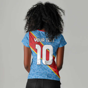 Custom DR Congo National Football Women V-Neck T-Shirt Leopards Go Glory LT03