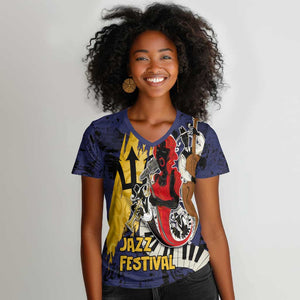 Afro-Barbados Jazz Festival Women V-Neck T-Shirt Abstract Jazz Art