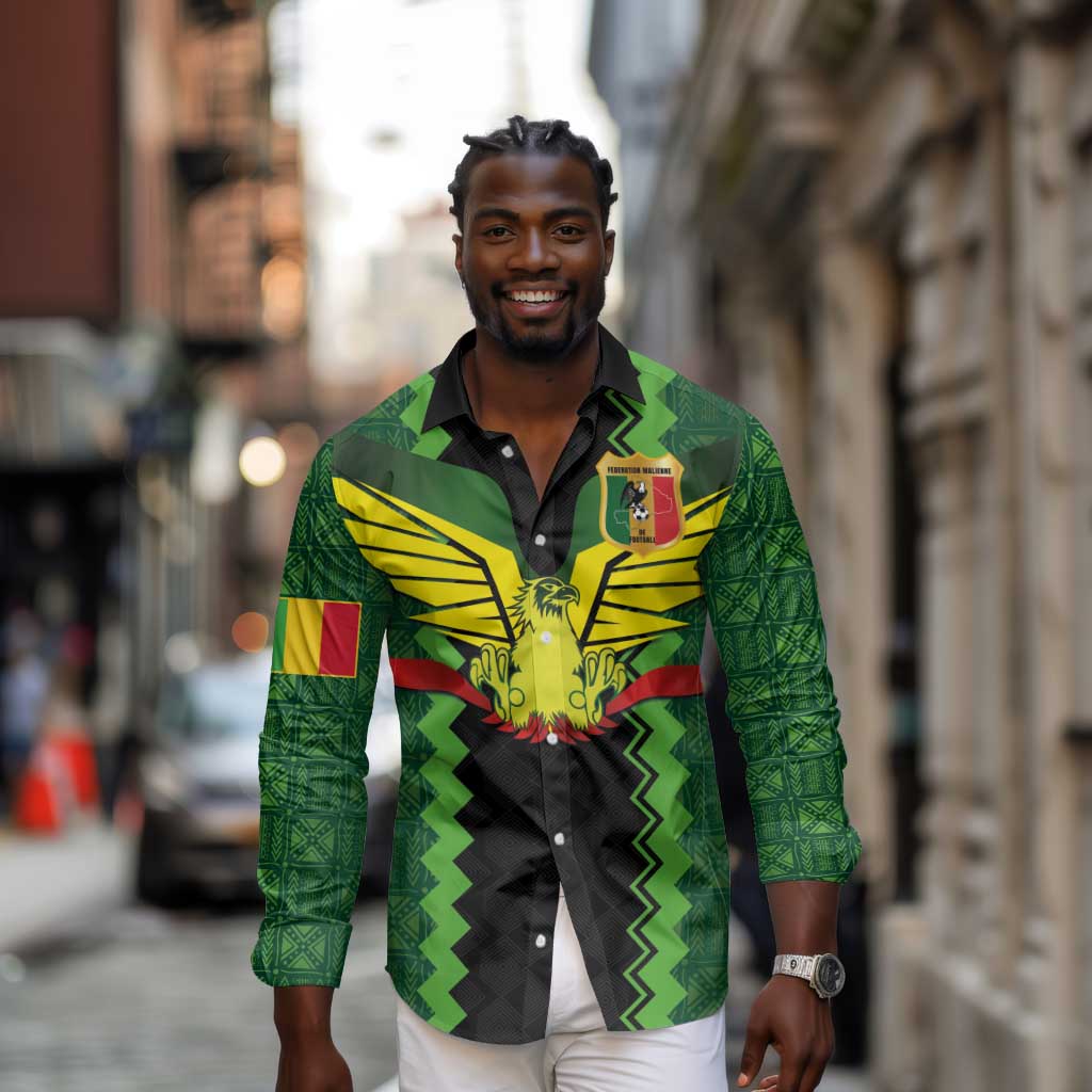 Custom Mali Football Long Sleeve Button Shirt Les Aigles-Green, Gold & Red