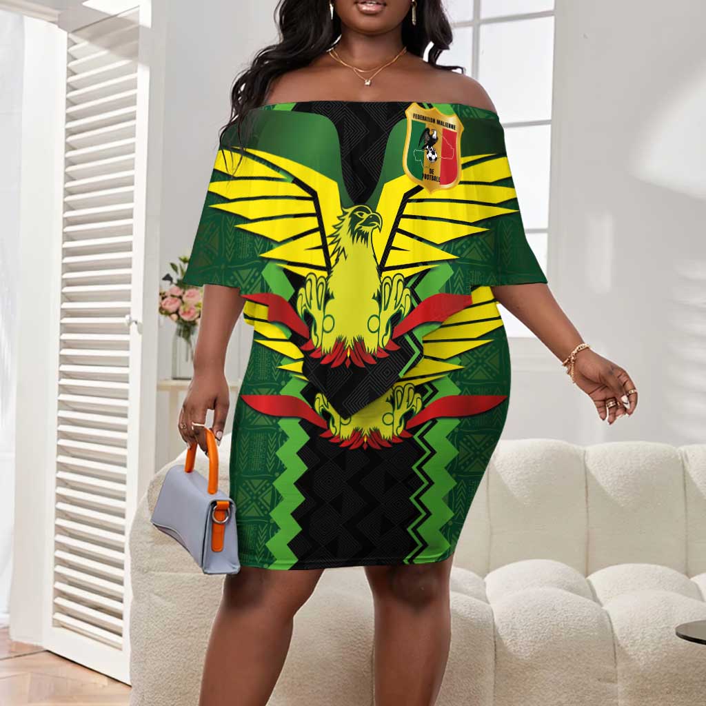 Custom Mali Football Off Shoulder Short Dress Les Aigles-Green, Gold & Red