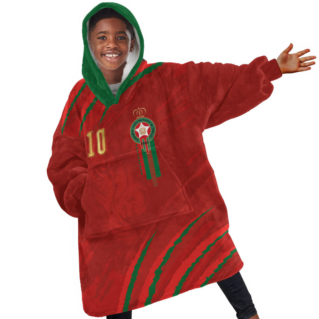 Custom Morocco National Football Kid Wearable Blanket Hoodie Atlas Lions-Claws