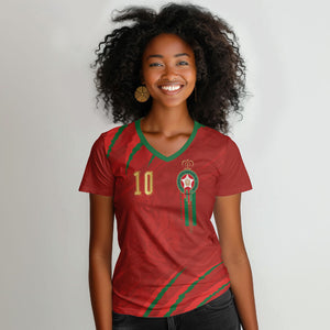 Custom Morocco National Football Women V-Neck T-Shirt Atlas Lions-Claws