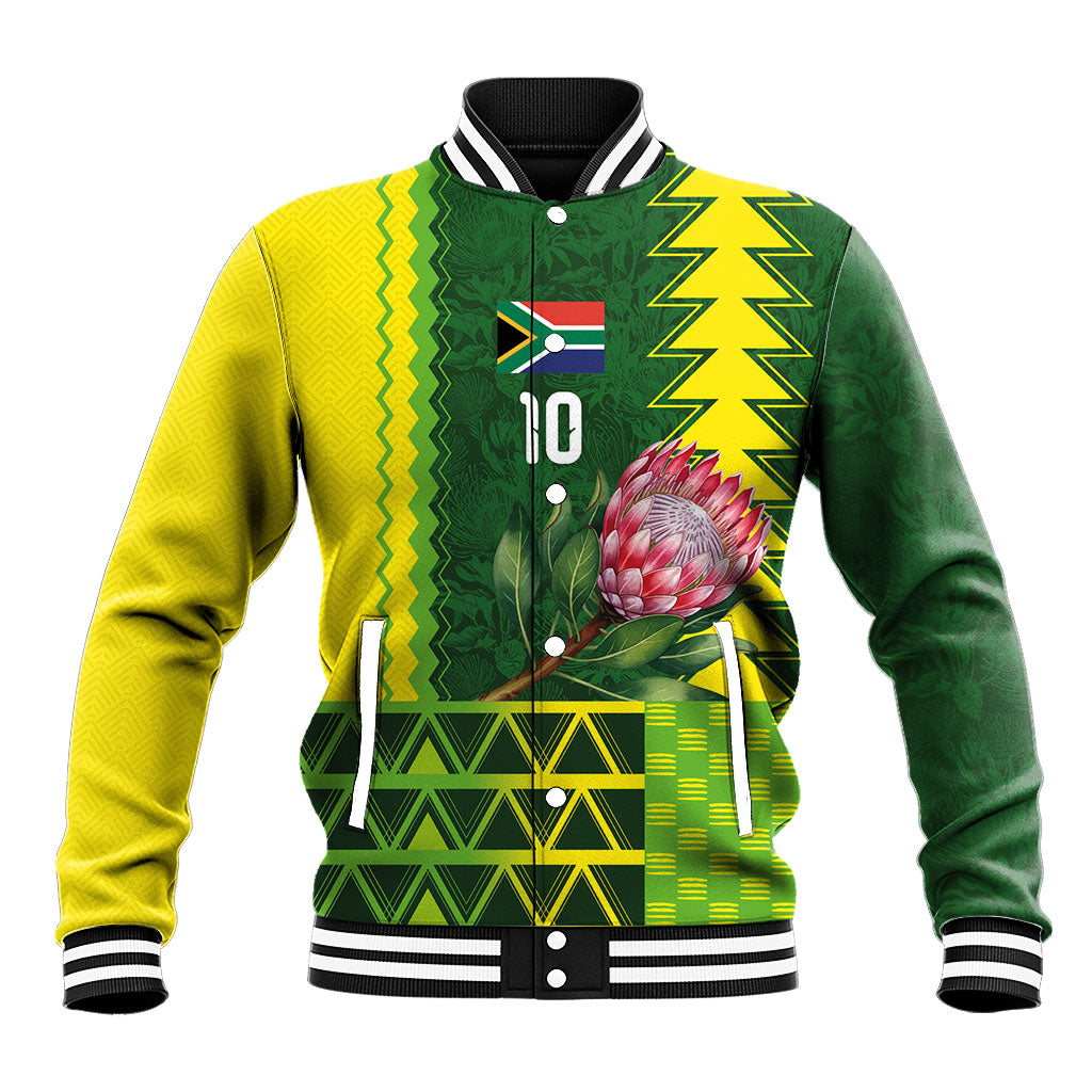 Custom South Africa National Football Baseball Jacket King Protea with African Tribal Geometric Pattern Culture Art