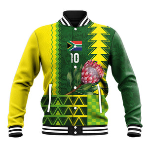 Custom South Africa National Football Baseball Jacket King Protea with African Tribal Geometric Pattern Culture Art