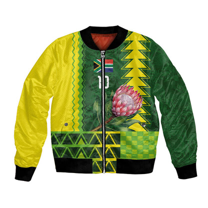 Custom South Africa National Football Bomber Jacket King Protea with African Tribal Geometric Pattern Culture Art