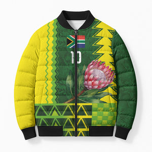 Custom South Africa National Football Bomber Puffer Jacket King Protea with African Tribal Geometric Pattern Culture Art