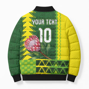 Custom South Africa National Football Bomber Puffer Jacket King Protea with African Tribal Geometric Pattern Culture Art