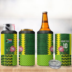 Custom South Africa National Football 4 in 1 Can Cooler Tumbler King Protea with African Tribal Geometric Pattern Culture Art