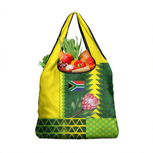 South Africa National Football Grocery Bag King Protea with African Tribal Geometric Pattern Culture Art