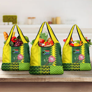 South Africa National Football Grocery Bag King Protea with African Tribal Geometric Pattern Culture Art