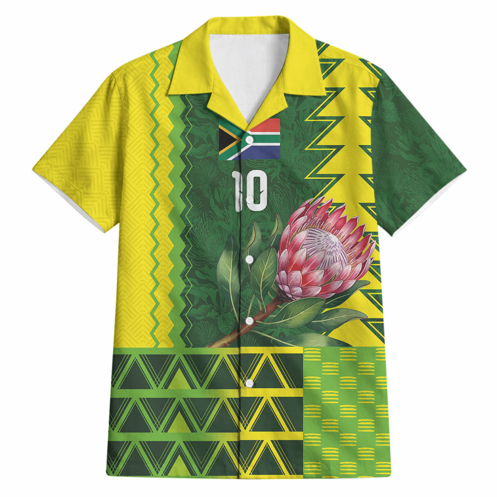 Custom South Africa National Football Hawaiian Shirt King Protea with African Tribal Geometric Pattern Culture Art