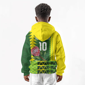Custom South Africa National Football Kid Hoodie King Protea with African Tribal Geometric Pattern Culture Art