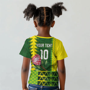 Custom South Africa National Football Kid T shirt King Protea with African Tribal Geometric Pattern Culture Art