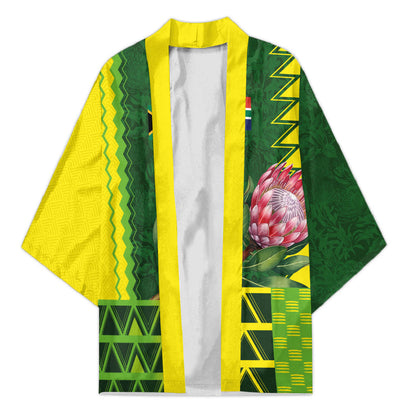Custom South Africa National Football Kimono King Protea with African Tribal Geometric Pattern Culture Art