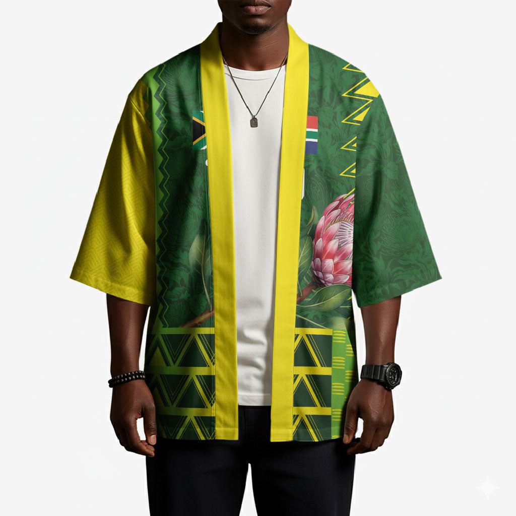 Custom South Africa National Football Kimono King Protea with African Tribal Geometric Pattern Culture Art