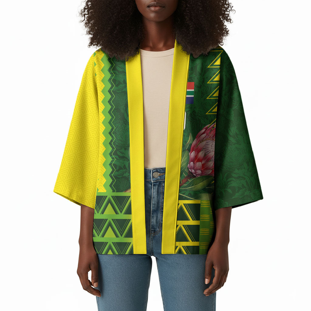 Custom South Africa National Football Kimono King Protea with African Tribal Geometric Pattern Culture Art