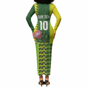Custom South Africa National Football Long Sleeve Bodycon Dress King Protea with African Tribal Geometric Pattern Culture Art