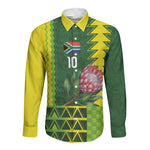 Custom South Africa National Football Long Sleeve Button Shirt King Protea with African Tribal Geometric Pattern Culture Art