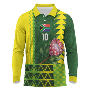 Custom South Africa National Football Long Sleeve Polo Shirt King Protea with African Tribal Geometric Pattern Culture Art
