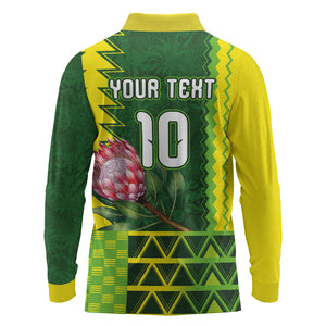 Custom South Africa National Football Long Sleeve Polo Shirt King Protea with African Tribal Geometric Pattern Culture Art