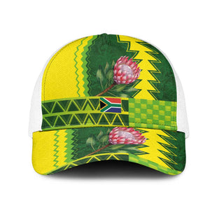 South Africa National Football Mesh Trucker Cap King Protea with African Tribal Geometric Pattern Culture Art