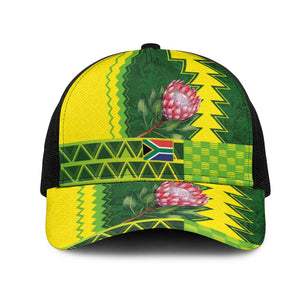 South Africa National Football Mesh Trucker Cap King Protea with African Tribal Geometric Pattern Culture Art