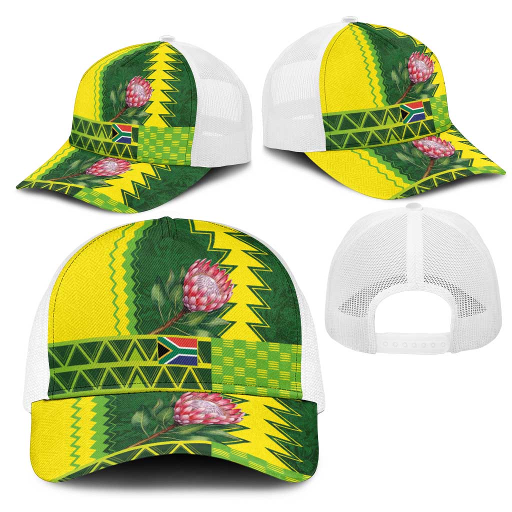 South Africa National Football Mesh Trucker Cap King Protea with African Tribal Geometric Pattern Culture Art