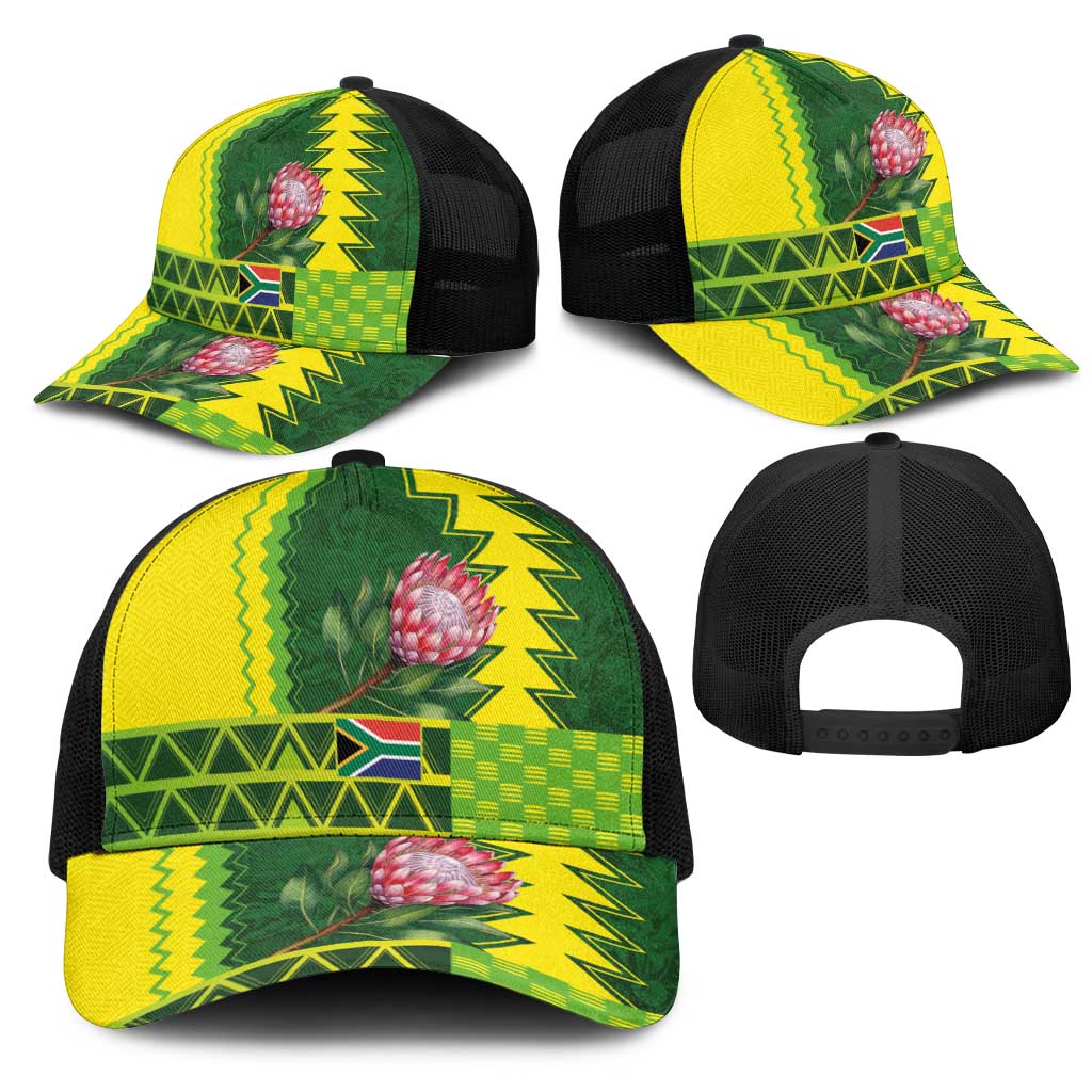 South Africa National Football Mesh Trucker Cap King Protea with African Tribal Geometric Pattern Culture Art