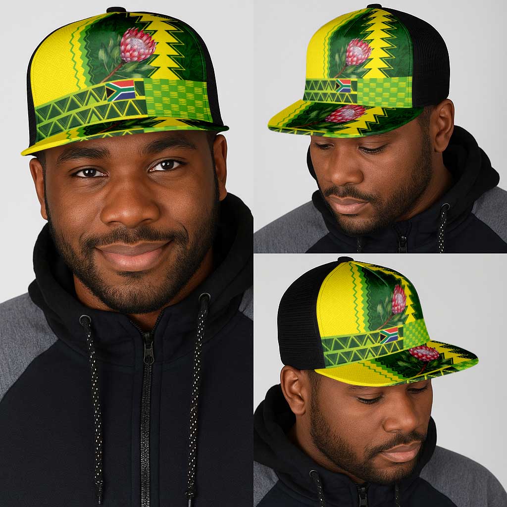 South Africa National Football Mesh Trucker Cap King Protea with African Tribal Geometric Pattern Culture Art