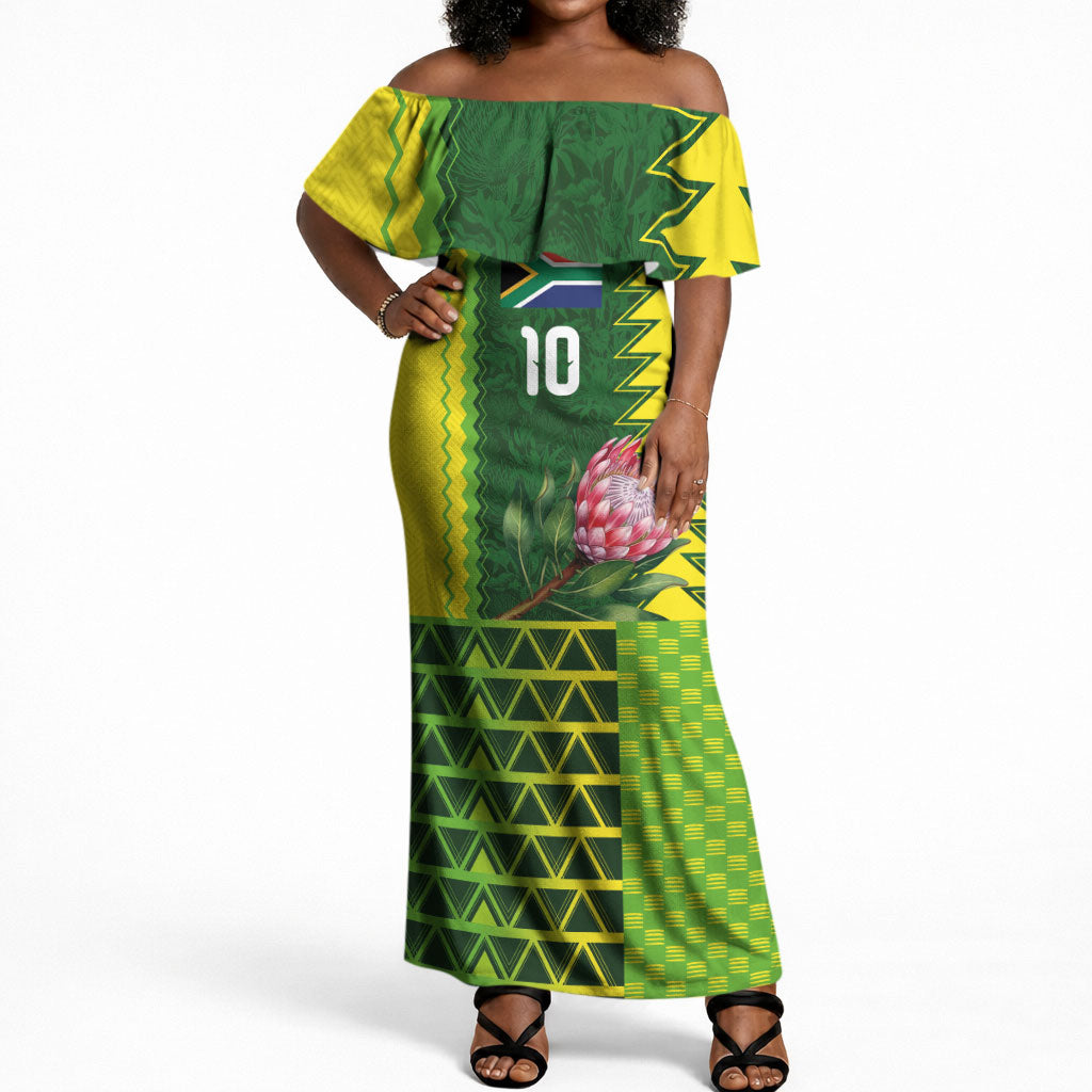 Custom South Africa National Football Off Shoulder Maxi Dress King Protea with African Tribal Geometric Pattern Culture Art