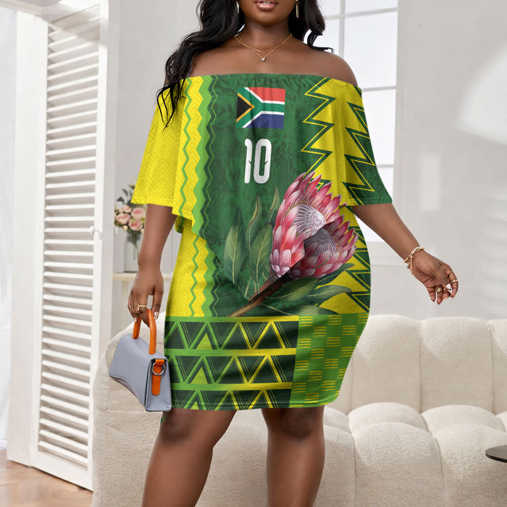 Custom South Africa National Football Off Shoulder Short Dress King Protea with African Tribal Geometric Pattern Culture Art