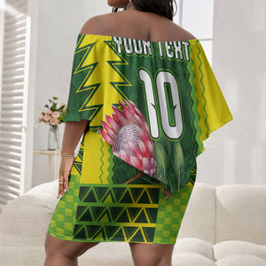 Custom South Africa National Football Off Shoulder Short Dress King Protea with African Tribal Geometric Pattern Culture Art