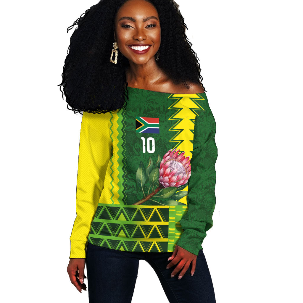 Custom South Africa National Football Off Shoulder Sweater King Protea with African Tribal Geometric Pattern Culture Art