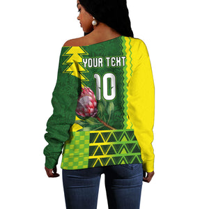 Custom South Africa National Football Off Shoulder Sweater King Protea with African Tribal Geometric Pattern Culture Art