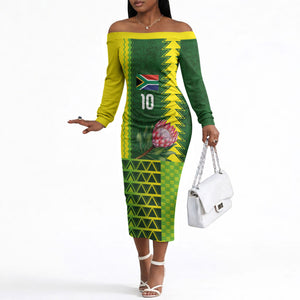 Custom South Africa National Football Off The Shoulder Long Sleeve Dress King Protea with African Tribal Geometric Pattern Culture Art