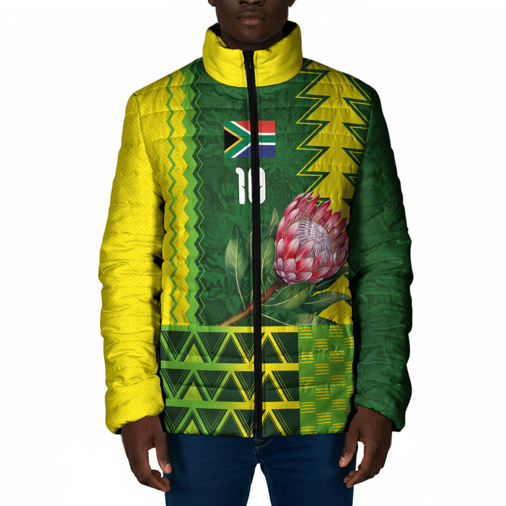 Custom South Africa National Football Padded Jacket King Protea with African Tribal Geometric Pattern Culture Art