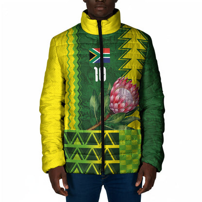 Custom South Africa National Football Padded Jacket King Protea with African Tribal Geometric Pattern Culture Art