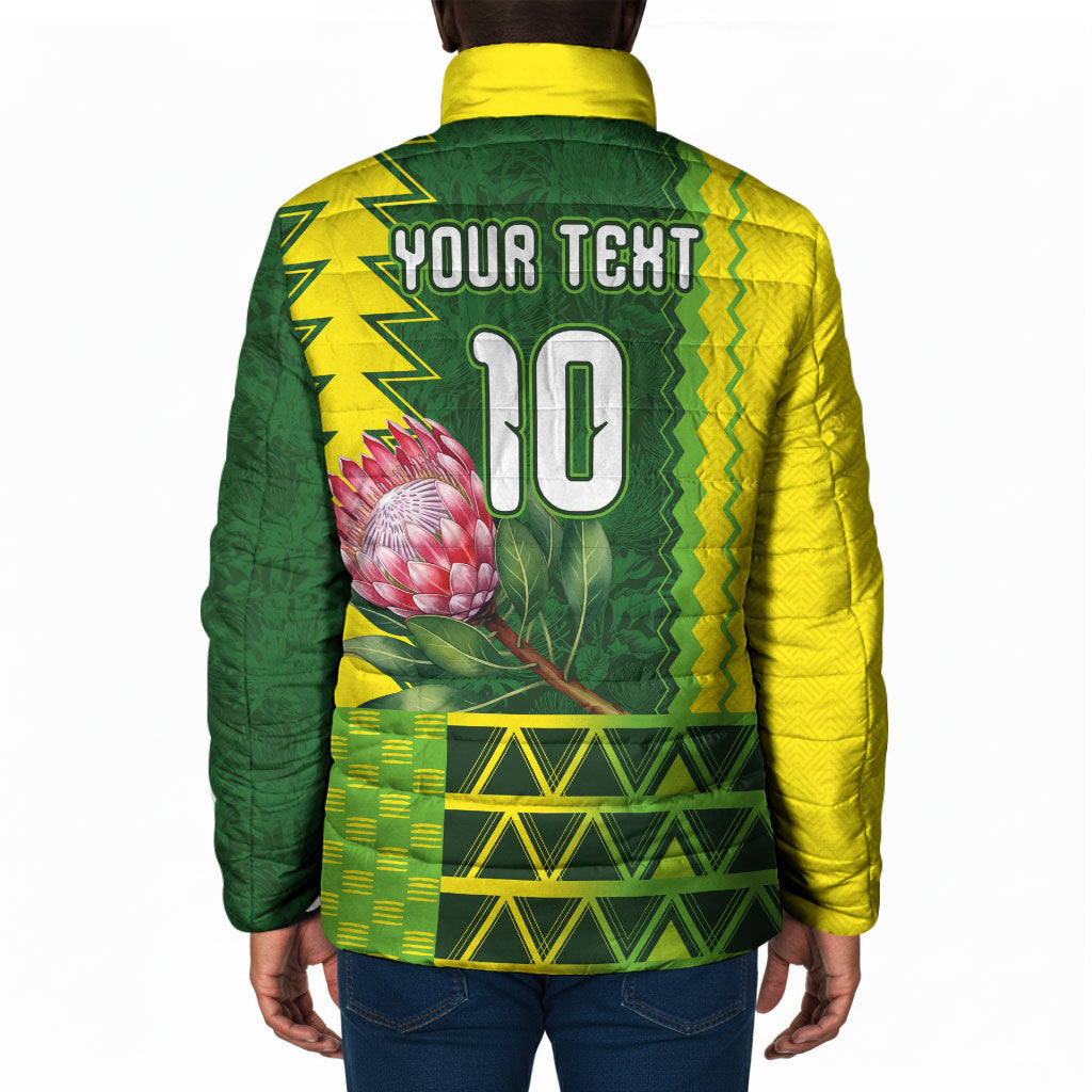 Custom South Africa National Football Padded Jacket King Protea with African Tribal Geometric Pattern Culture Art
