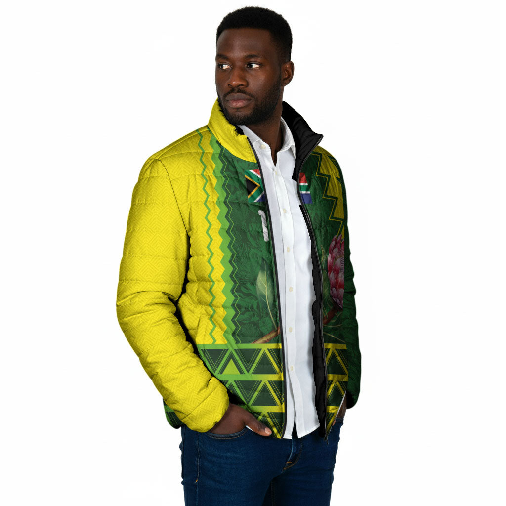 Custom South Africa National Football Padded Jacket King Protea with African Tribal Geometric Pattern Culture Art