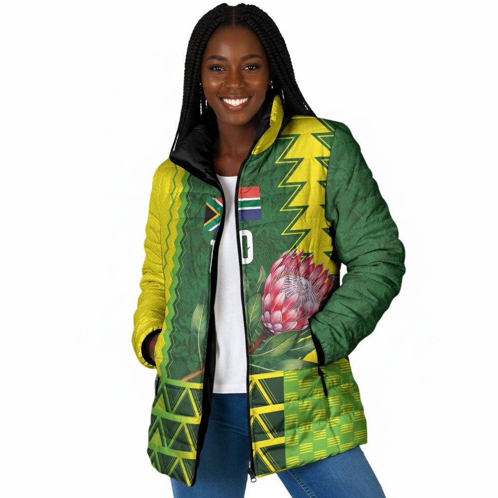 Custom South Africa National Football Padded Jacket King Protea with African Tribal Geometric Pattern Culture Art