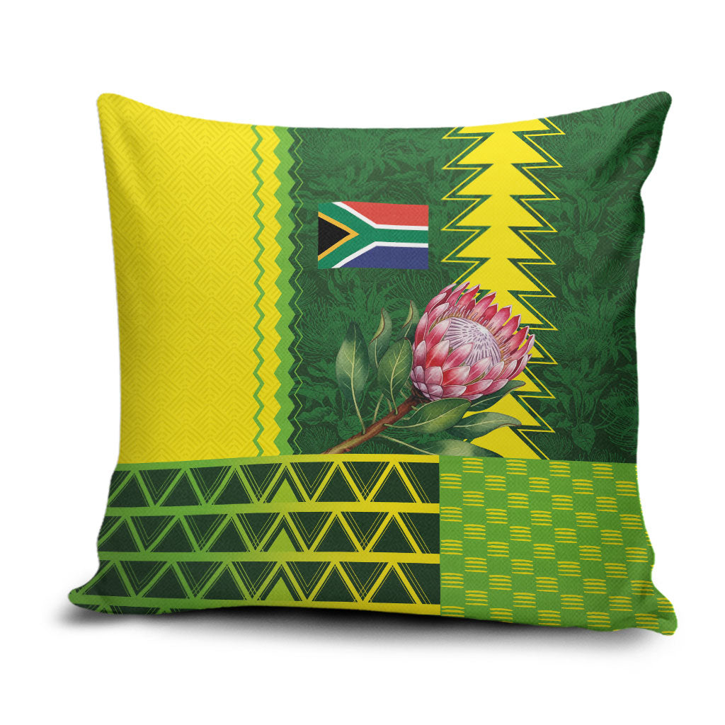 South Africa National Football Pillow Cover King Protea with African Tribal Geometric Pattern Culture Art