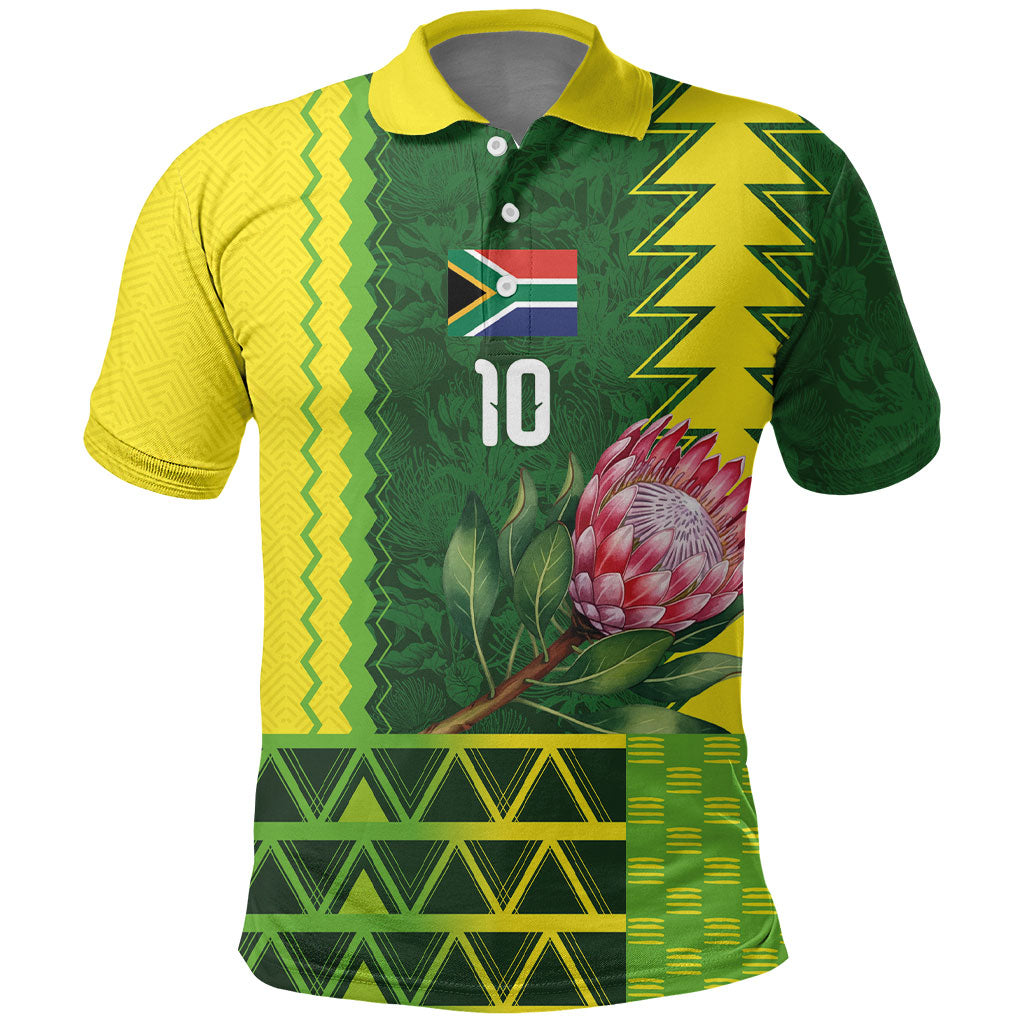 Custom South Africa National Football Polo Shirt King Protea with African Tribal Geometric Pattern Culture Art