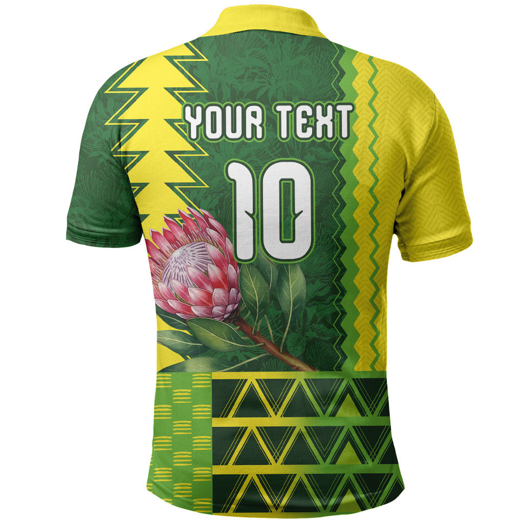 Custom South Africa National Football Polo Shirt King Protea with African Tribal Geometric Pattern Culture Art