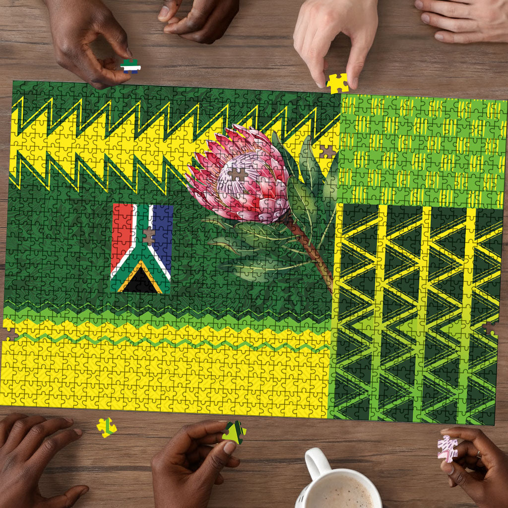 South Africa National Football Puzzle King Protea with African Tribal Geometric Pattern Culture Art